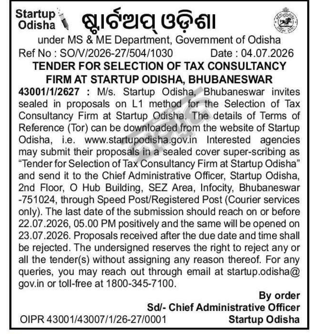 Tender Notice for Selection of Tax Consultancy Firm at Startup Odisha, Bhubaneswar