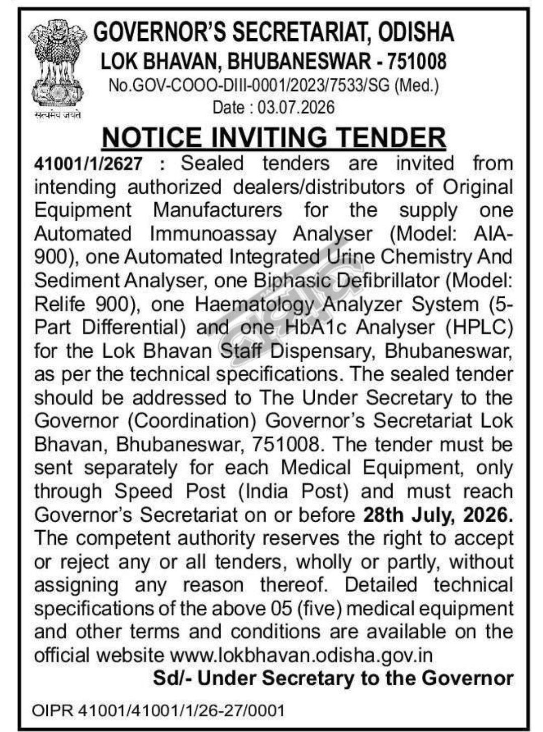 Tender Notice for Supply of Medical Equipment at Lok Bhavan Staff Dispensary, Bhubaneswar