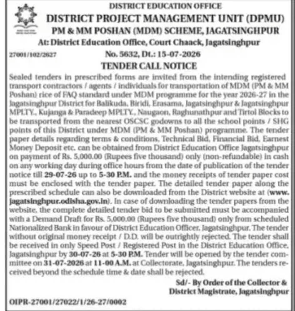 Tender Notice for Transportation of PM & MM Poshan (MDM) Rice – Jagatsinghpur District, Odisha
