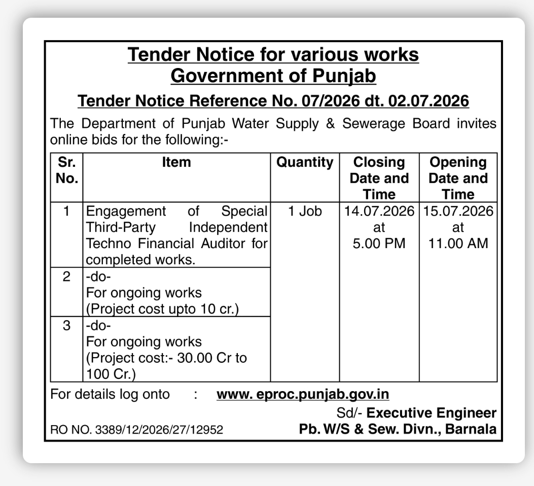 TENDER NOTICE – Government of Punjab
