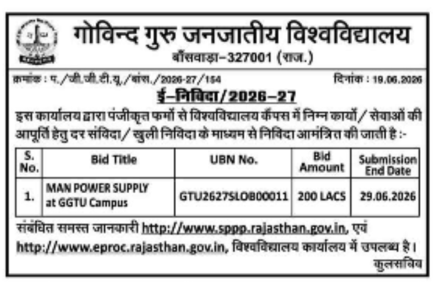 Tender Notice – Govind Guru Tribal University, Banswara, Rajasthan