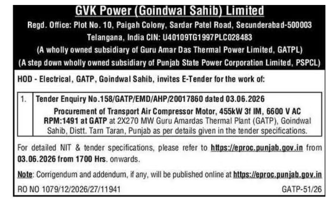 Tender Notice – GVK Power (Goindwal Sahib Limited), GATP, Punjab