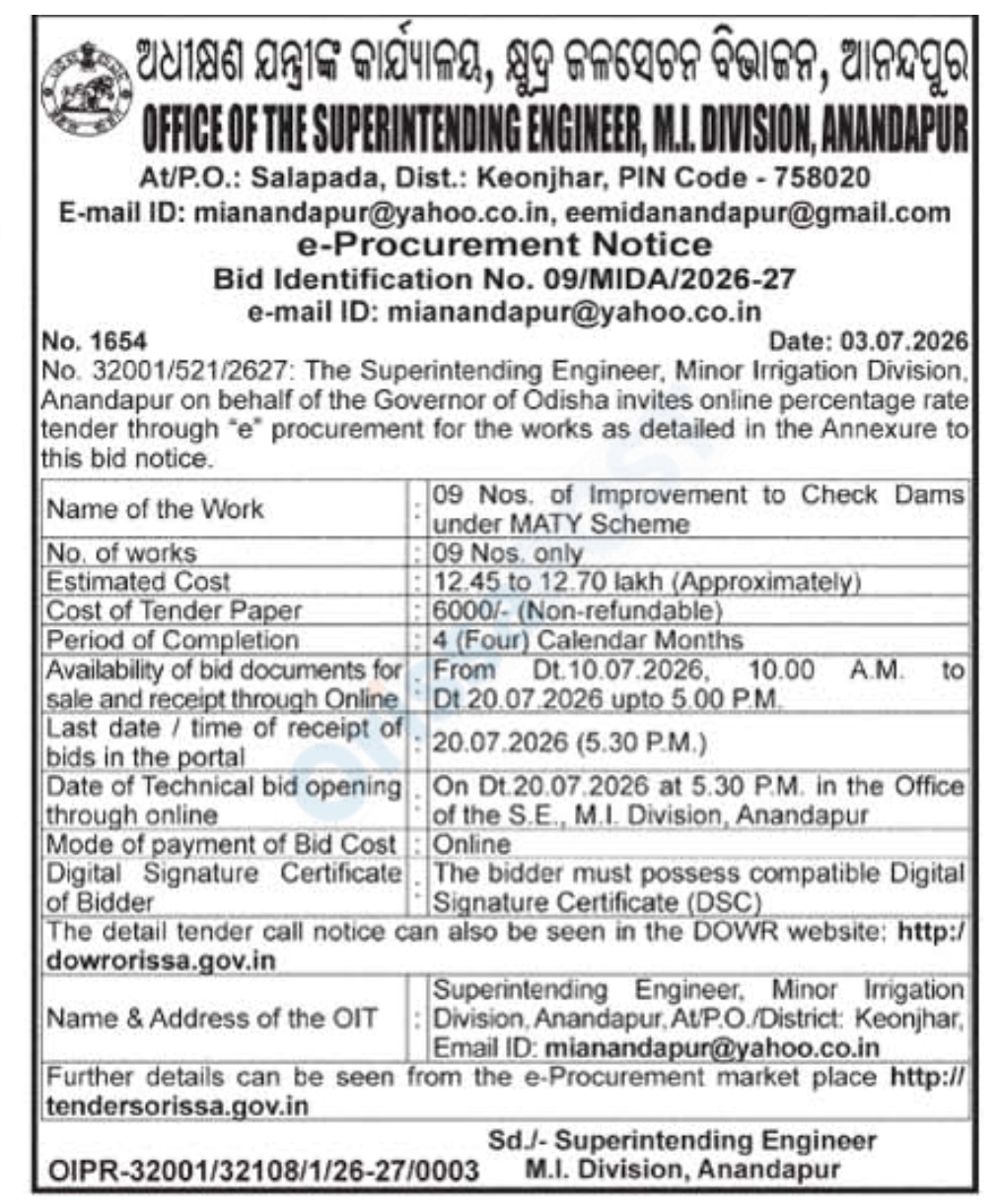 Tender Notice – Improvement of 9 Check Dams under MATY Scheme | Minor Irrigation Division, Anandapur