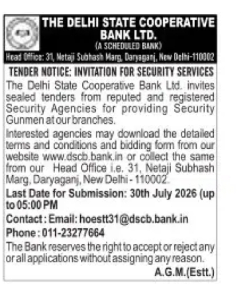 Tender Notice – Invitation for Security Services | The Delhi State Cooperative Bank Ltd.