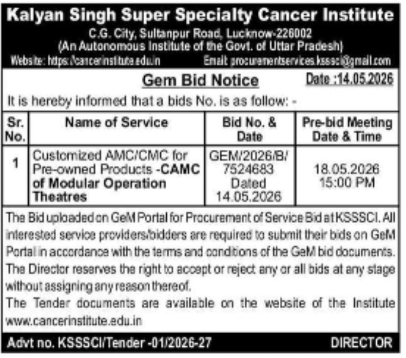 TENDER NOTICE – KALYAN SINGH SUPER SPECIALITY CANCER INSTITUTE
