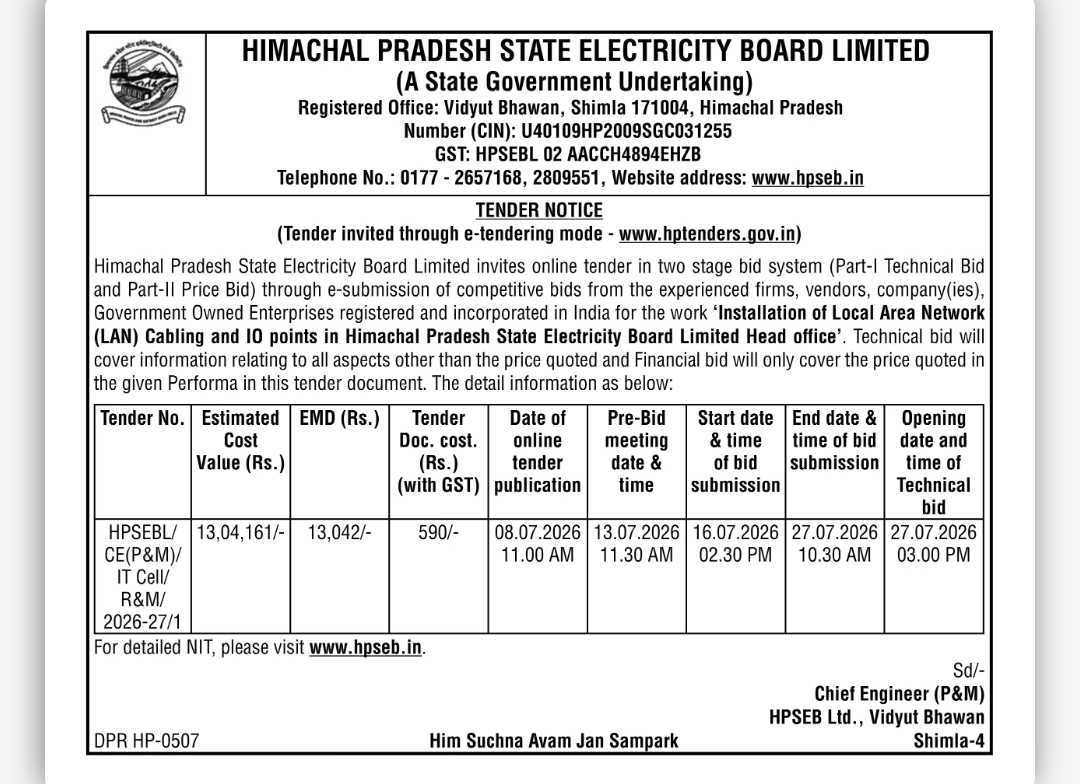 Tender Notice: LAN Cabling Installation Work at HPSEBL Head Office, Shimla