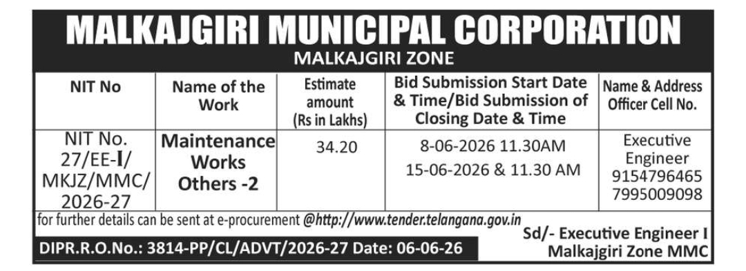 Tender Notice – Maintenance Works (Rs. 34.20 Lakhs) under Malkajgiri Municipal Corporation, Malkajgiri Zone (NIT No. 27/EE-I/MMC/2026-27)