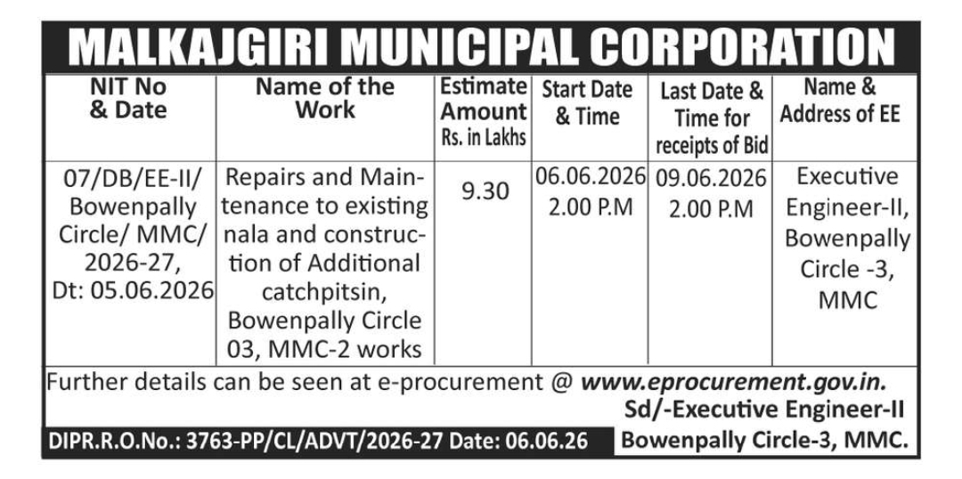 Tender Notice – Malkajgiri Municipal Corporation (Bowenpally Circle)