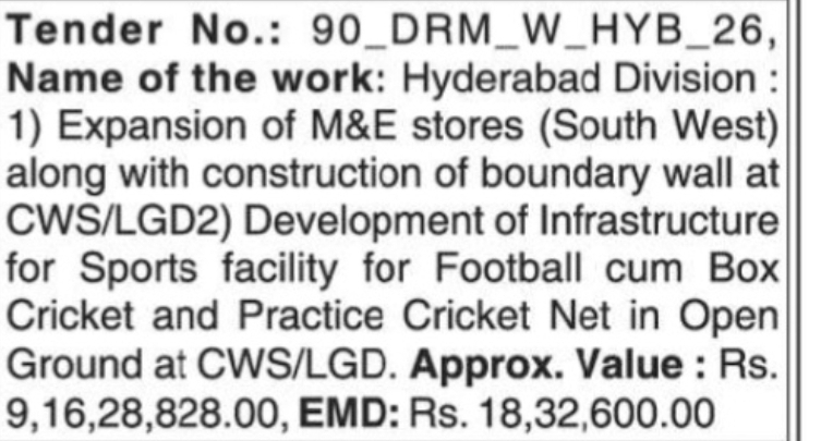 Tender Notice No. 90 – Hyderabad Division (Works)