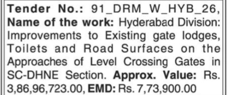 Tender Notice No. 91 – Hyderabad Division (Works)