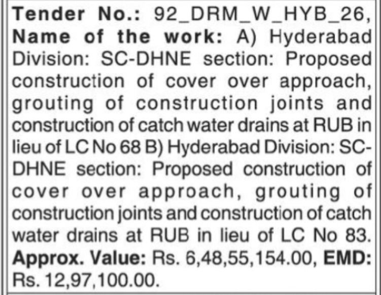 Tender Notice No. 92 – Hyderabad Division (Works)