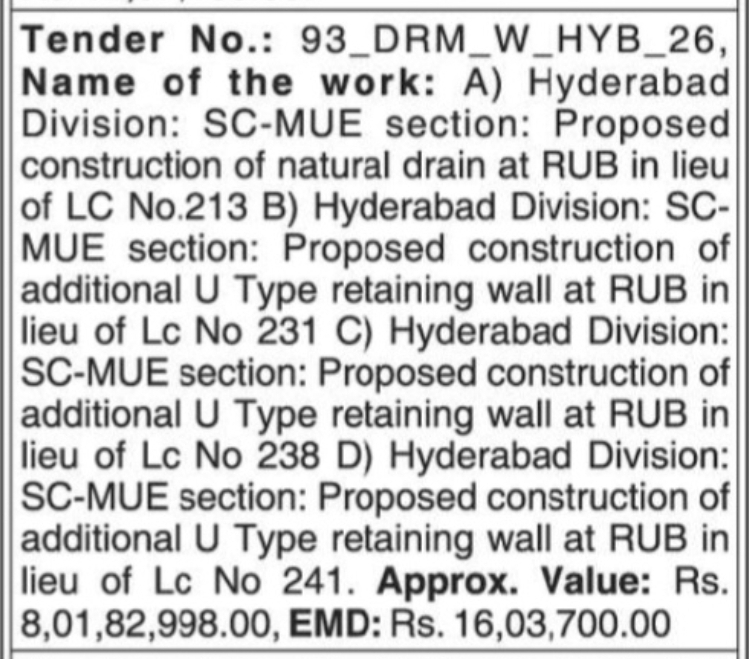 Tender Notice No. 93 – Hyderabad Division (Works)