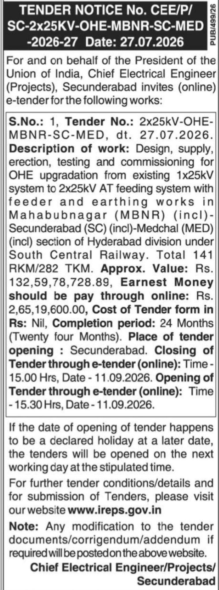 Tender Notice No. CEE/P/SC-2X25KV-OHE-2026-27 (Chief Electrical Engineer/Projects)