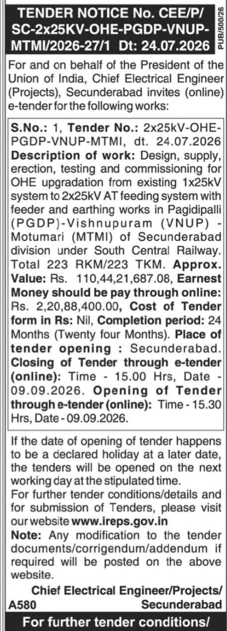 Tender Notice No. CEE/P/SC-2X25KV-OHE-PGDP-VNUP-MTM (Chief Electrical Engineer/Projects)