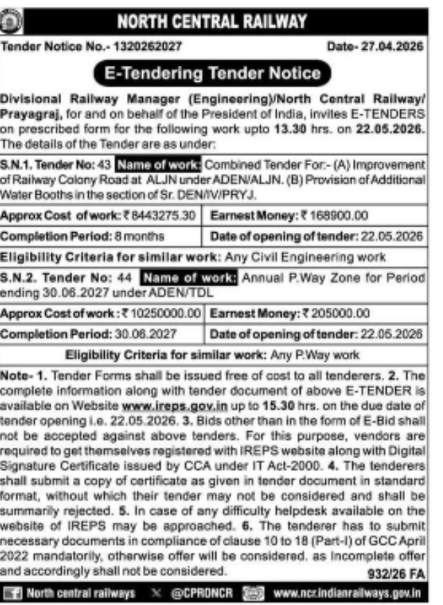 🚆 Tender Notice – North Central Railway (Tender No. 42)