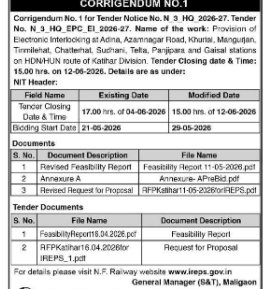 TENDER NOTICE – NORTH EASTERN FRONTIER RAILWAY (KATIHAR DIVISION)