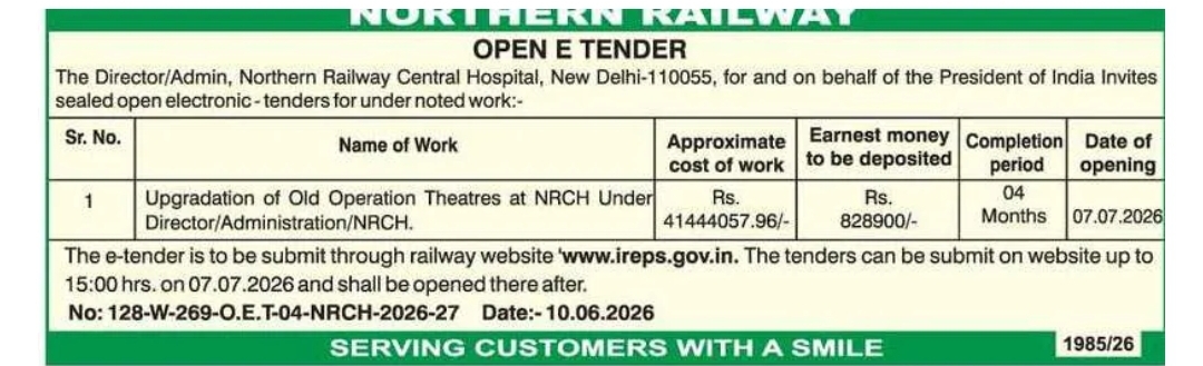 Tender Notice – Northern Railway Central Hospital (NRCH), New Delhi