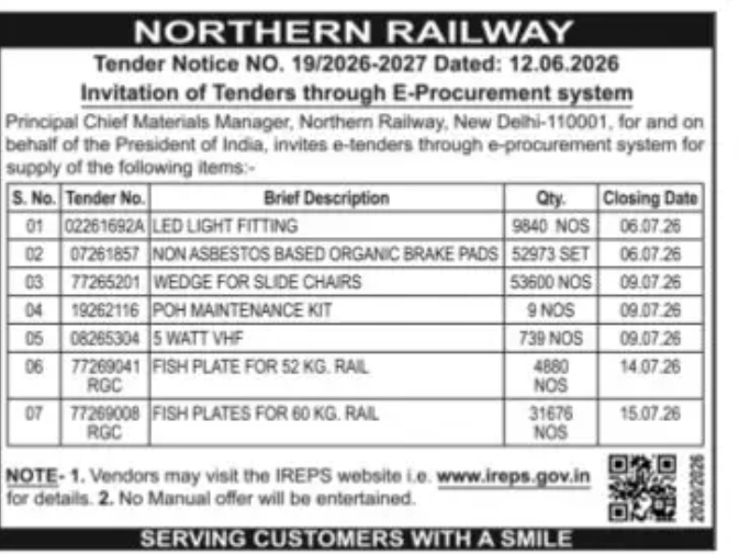 Tender Notice – Northern Railway (E-Procurement System)