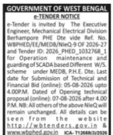 Tender Notice – Operation, Maintenance and Guarding of SCADA-Based Water Supply Schemes