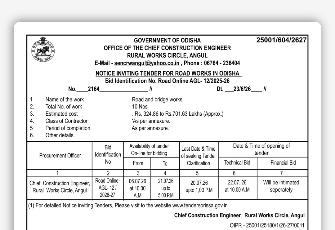 TENDER NOTICE – ROAD WORKS (ODISHA)