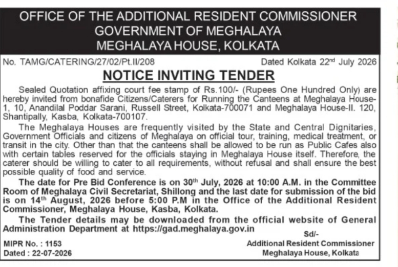 Tender Notice – Running of Canteens at Meghalaya House, Kolkata