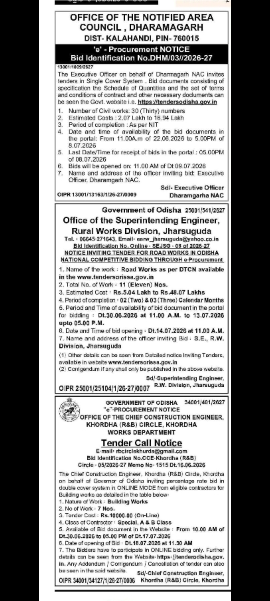 TENDER NOTICE – RURAL ROADS WORKS, JHARSUGUDA (ODISHA)