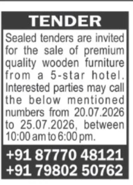 Tender Notice – Sale of Premium Quality Wooden Furniture