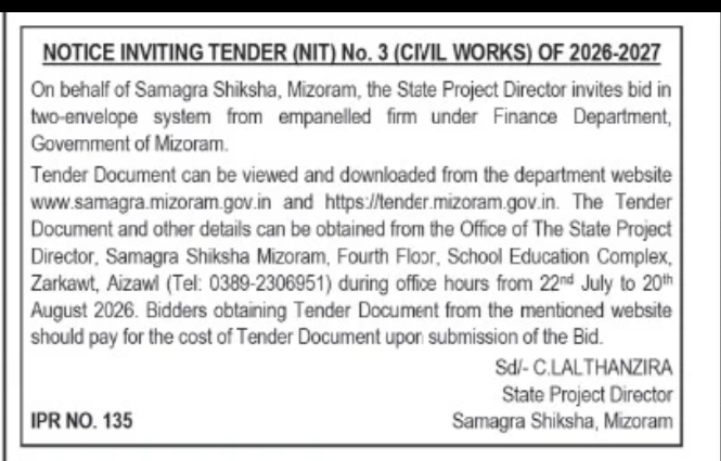 Tender Notice – Samagra Shiksha Mizoram (NIT No. 3 Civil Works) 2026-2027