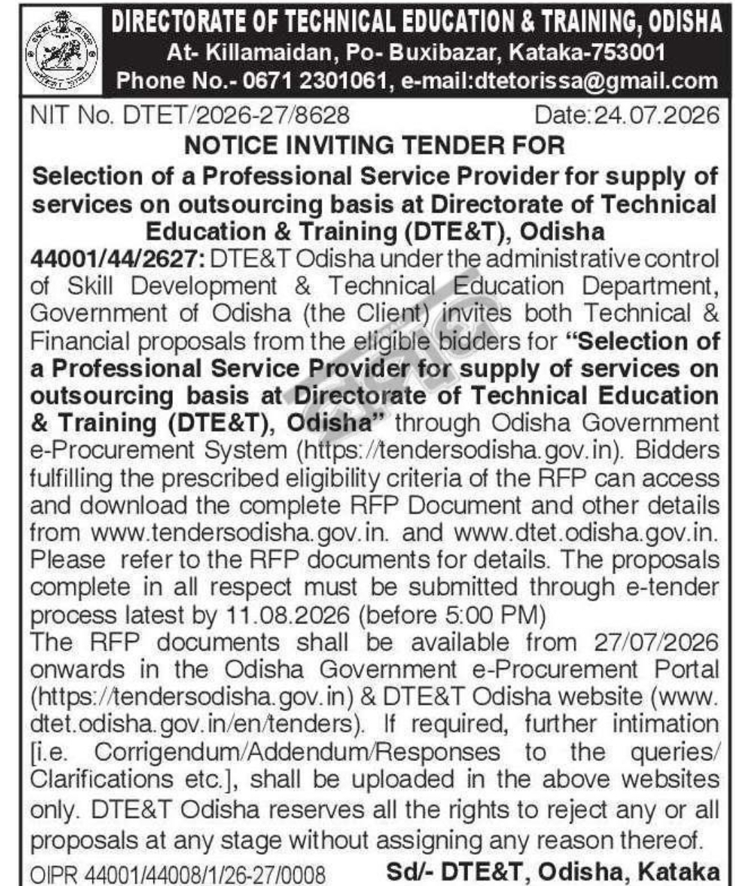 Tender Notice – Selection of Professional Service Provider for Outsourcing Services at DTE&T Odisha (2026-27)