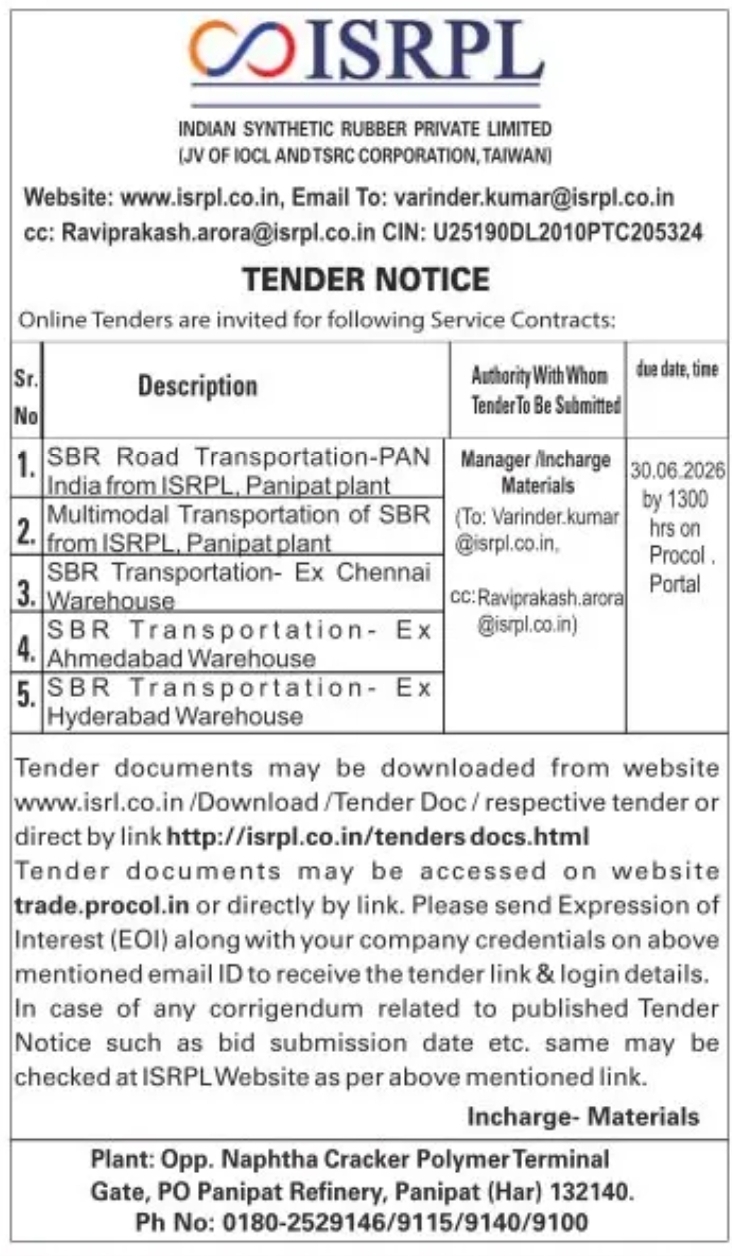 Tender Notice – Service Contracts for SBR Transportation (ISRPL)