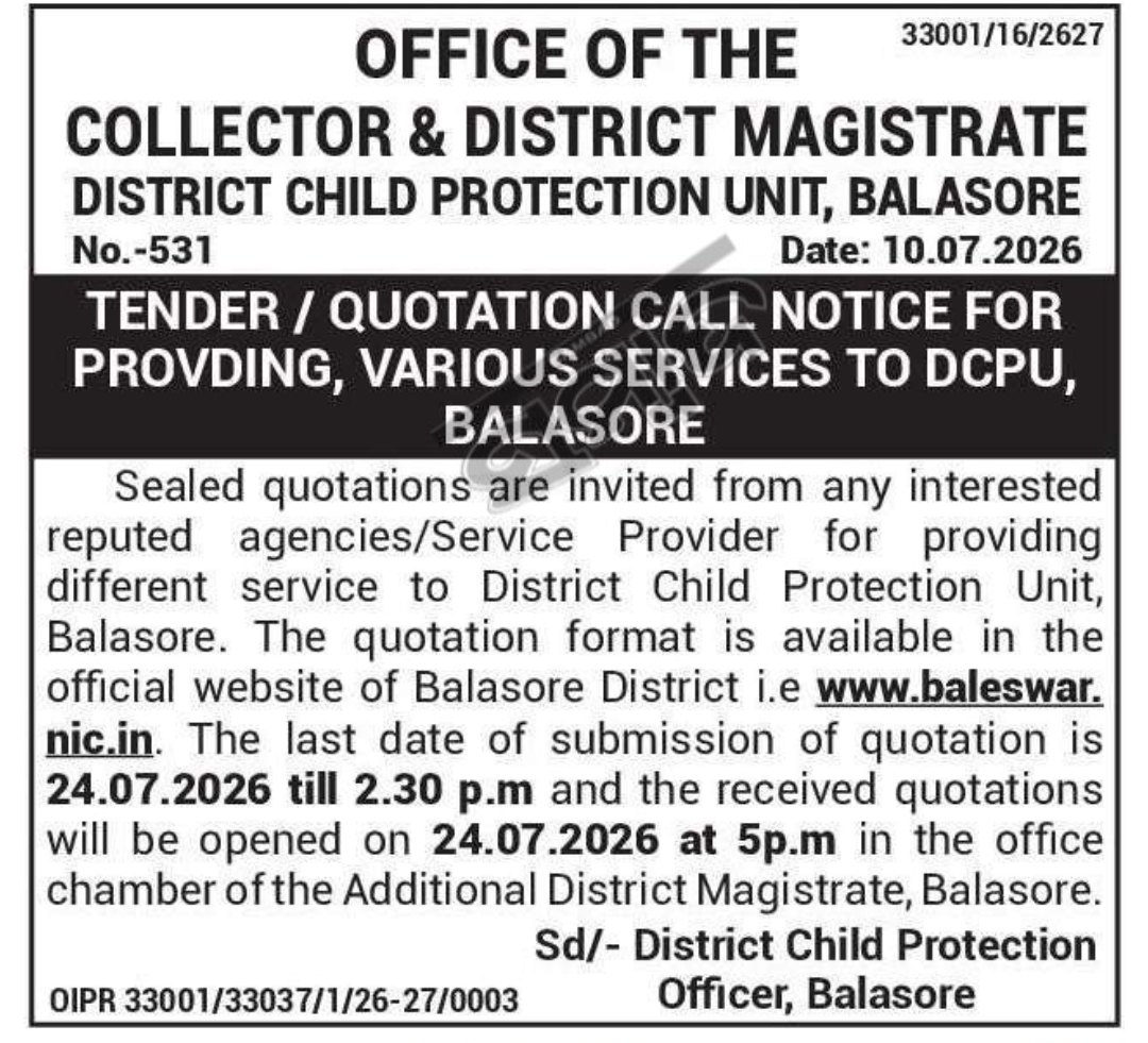Tender Notice – Service Provider Required for District Child Protection Unit (DCPU), Balasore