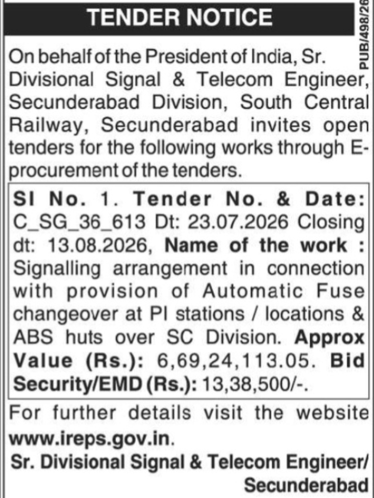 Tender Notice – Signal and Telecom Department, Secunderabad Division