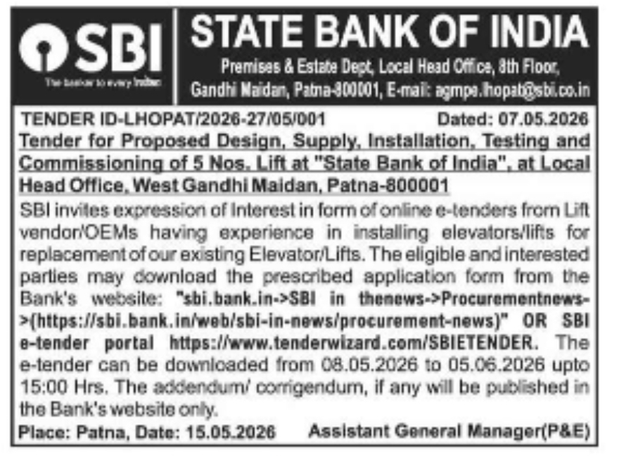 TENDER NOTICE – STATE BANK OF INDIA