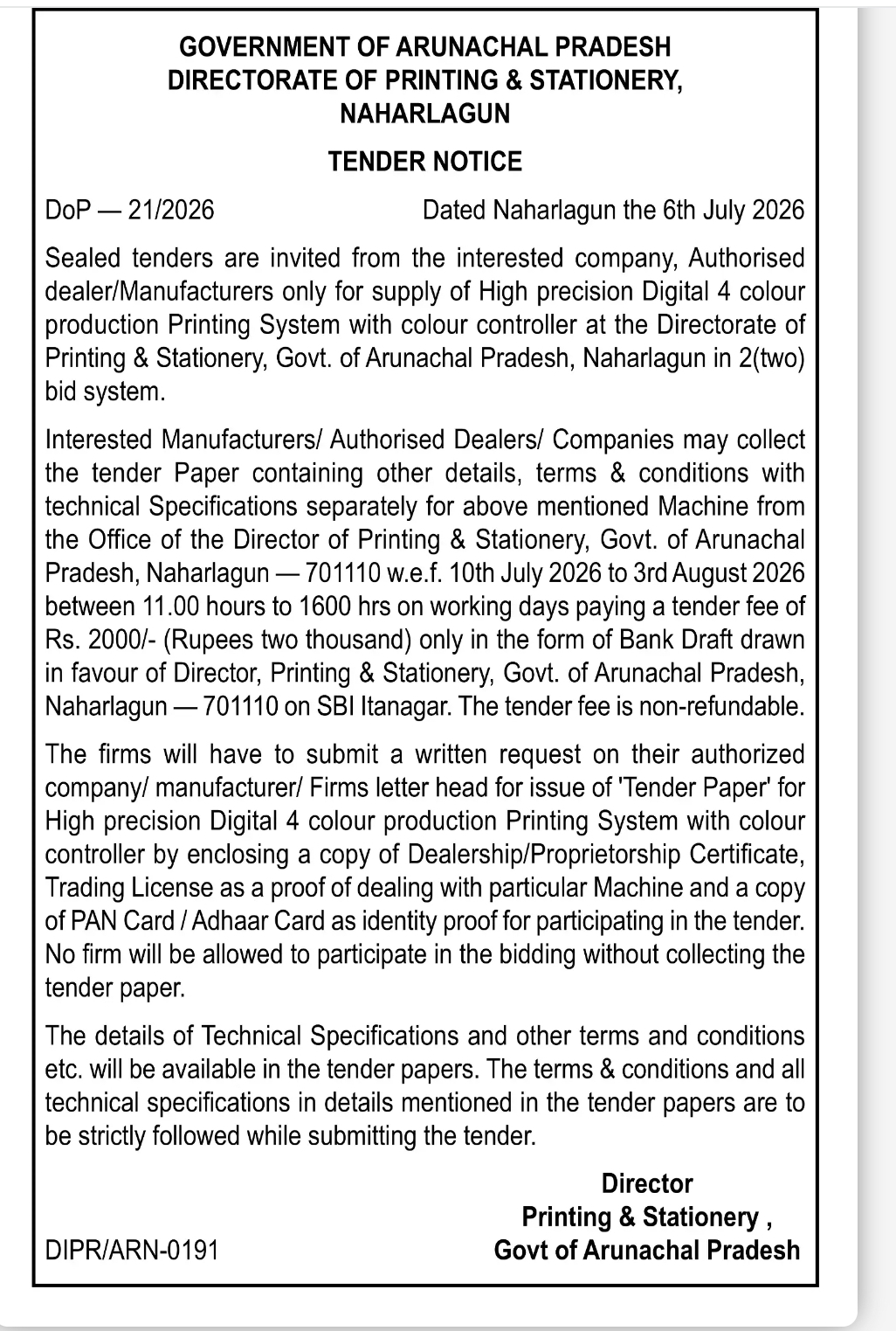 TENDER NOTICE – Supply of High Precision Digital 4 Colour Production Printing System