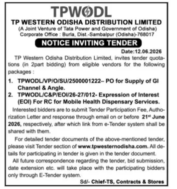 Tender Notice – TP Western Odisha Distribution Limited (TPWODL), Odisha