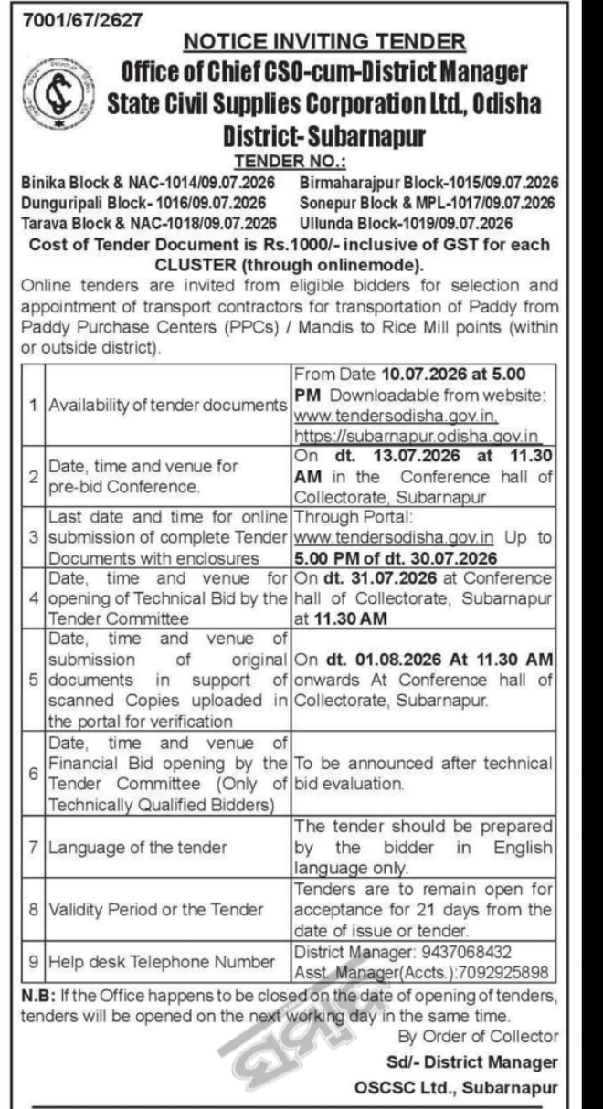 Tender Notice – Transportation of Paddy in Subarnapur District | OSCSC Ltd.