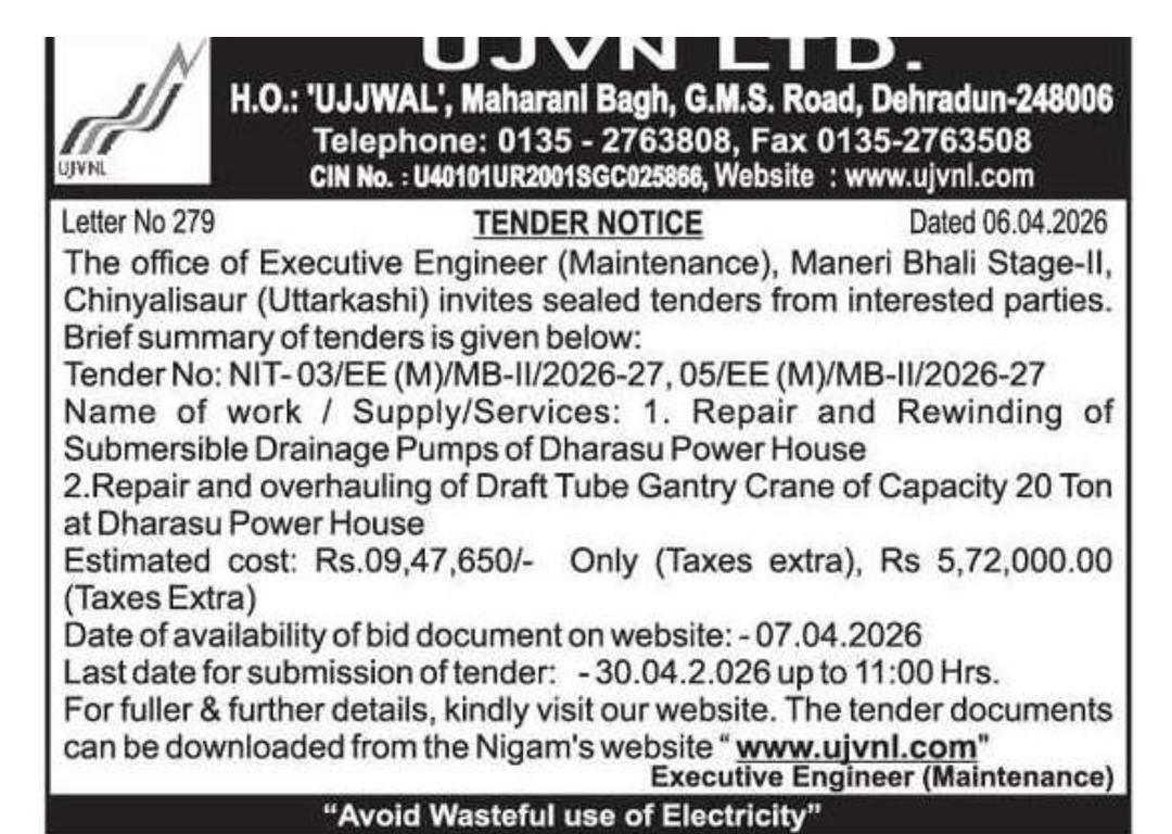 Tender Notice – UJVNL (Uttarkashi)