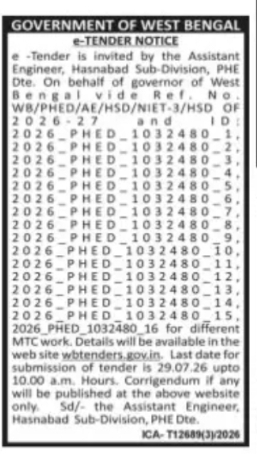 Tender Notice – Various Maintenance Works under Hasnabad Sub-Division