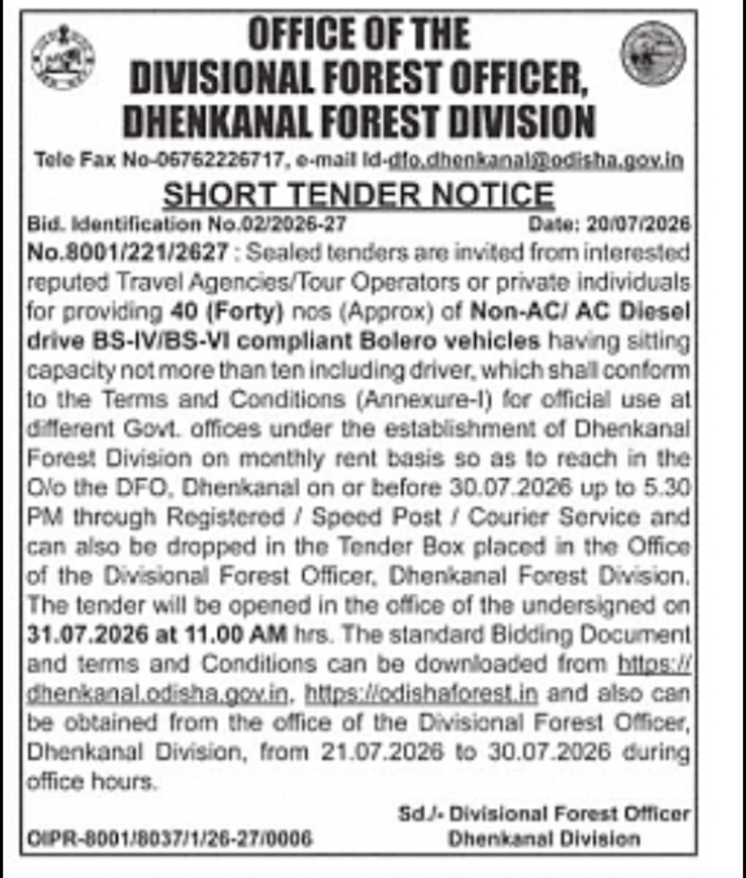 Tender Notice – Vehicle Hiring Service for Dhenkanal Forest Division