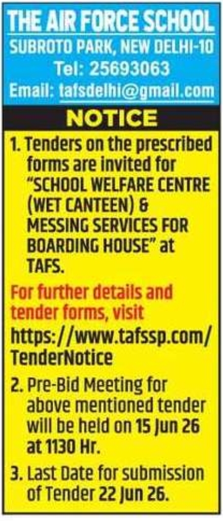 Tender Notice – Wet Canteen & Messing Services at The Air Force School, Subroto Park, New Delhi