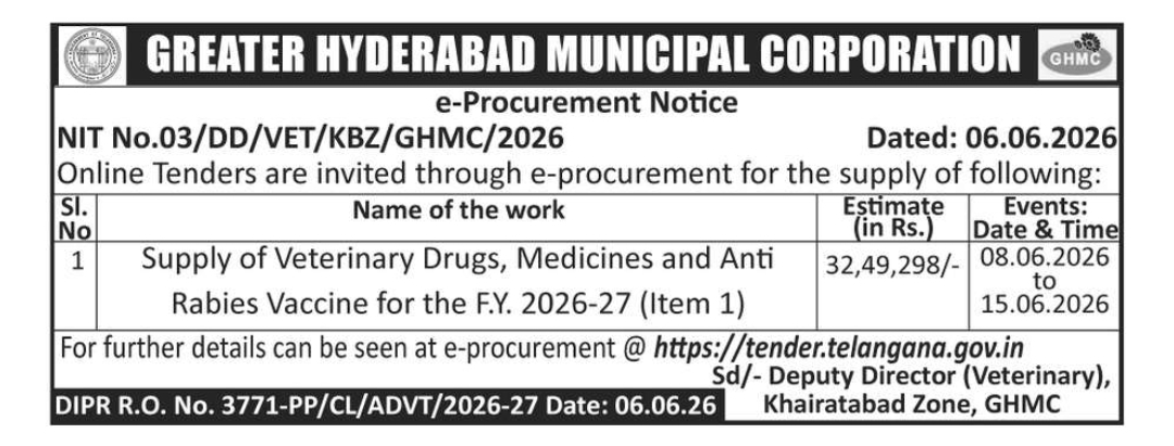 Tender Notification – GHMC (Veterinary Department)
