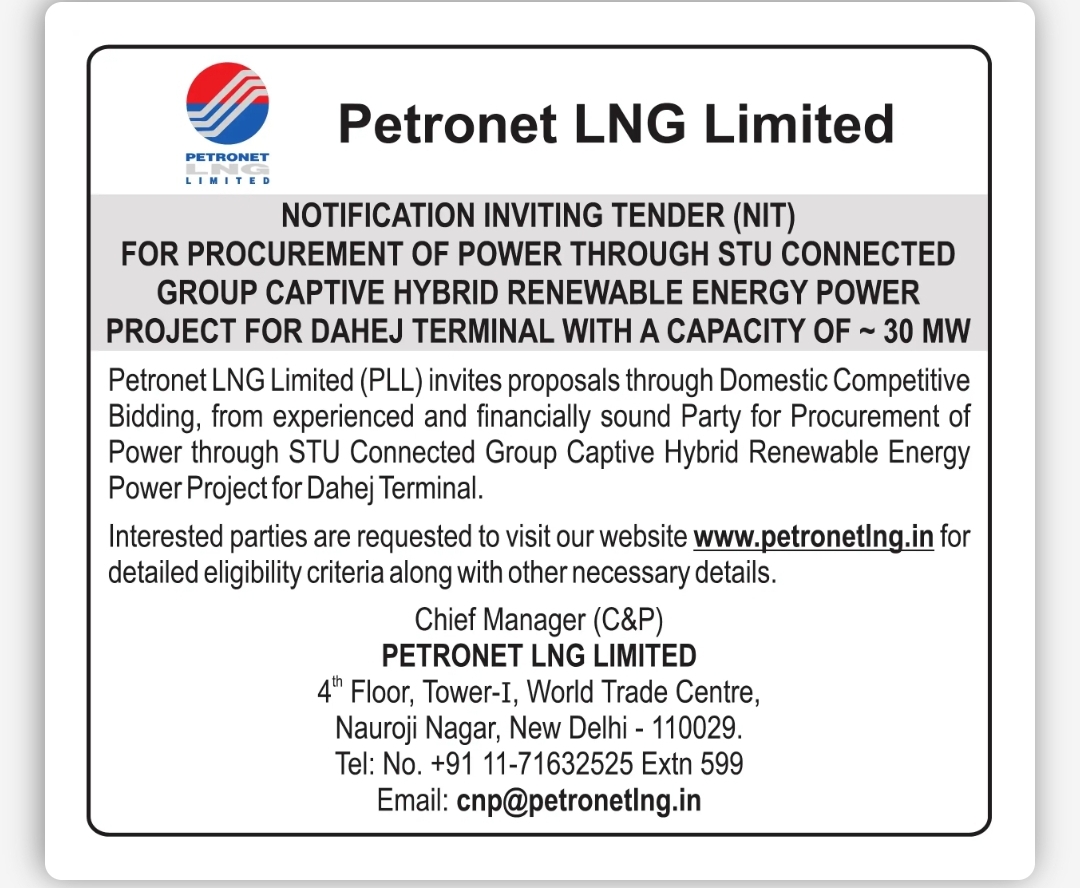 Tender Notification – Procurement of Renewable Power (≈30 MW) for Dahej Terminal