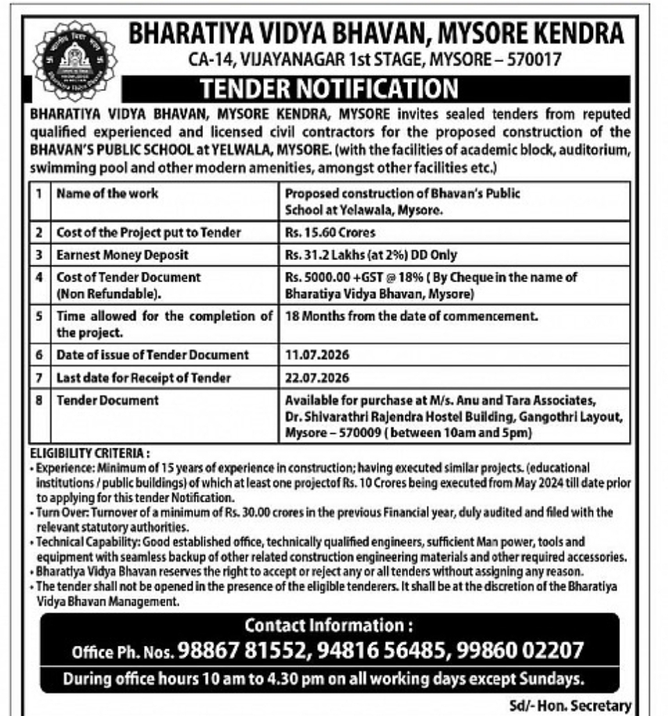 Tender Notification – Proposed Construction of Bhavan's Public School, Yelawala, Mysore