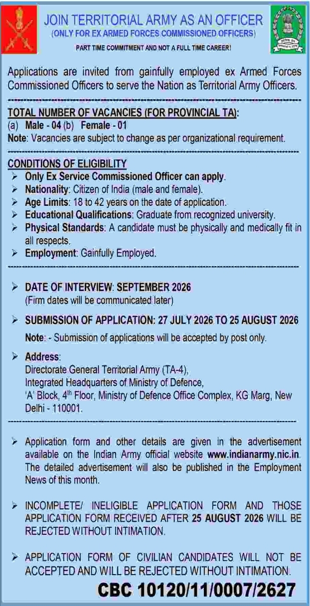 Territorial Army Officer Recruitment 2026 (Only for Ex-Armed Forces Commissioned Officers)
