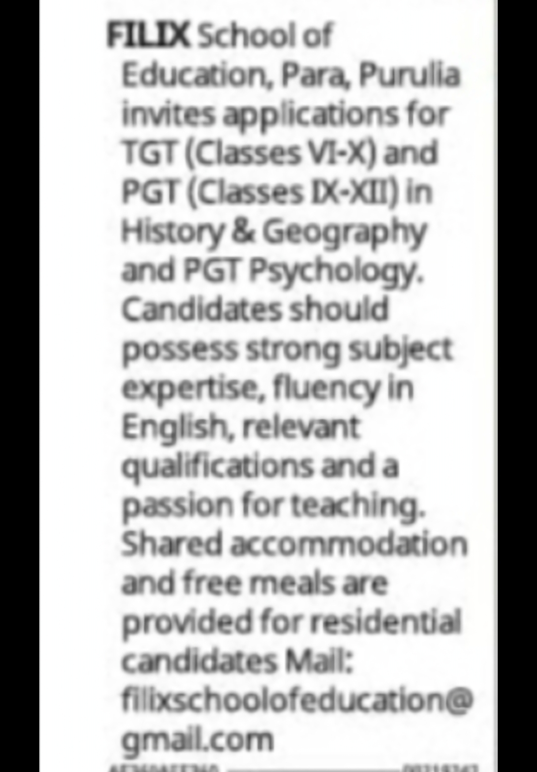 TGT & PGT Teachers Required – FILIX School of Education, Purulia