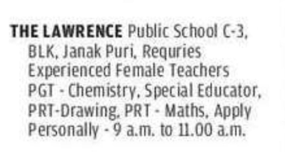The Lawrence Public School, Janakpuri | Teacher Recruitment