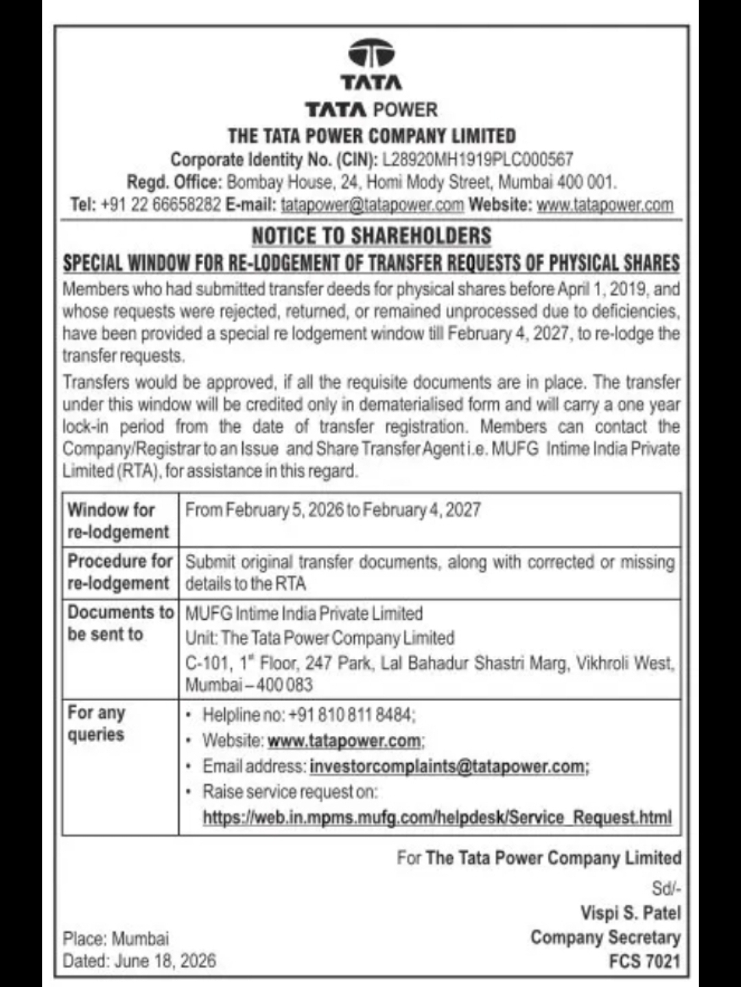 The Tata Power Company Limited – Special Window for Re-lodgement of Transfer Requests