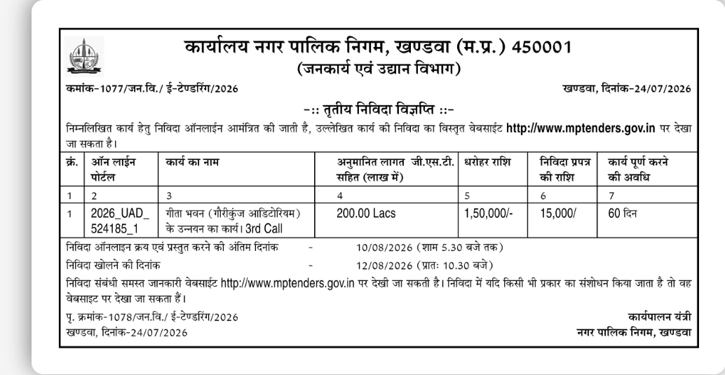 Third Call E-Tender Notice – Upgradation Work of Geeta Bhavan (Gaurikunj Auditorium), Khandwa