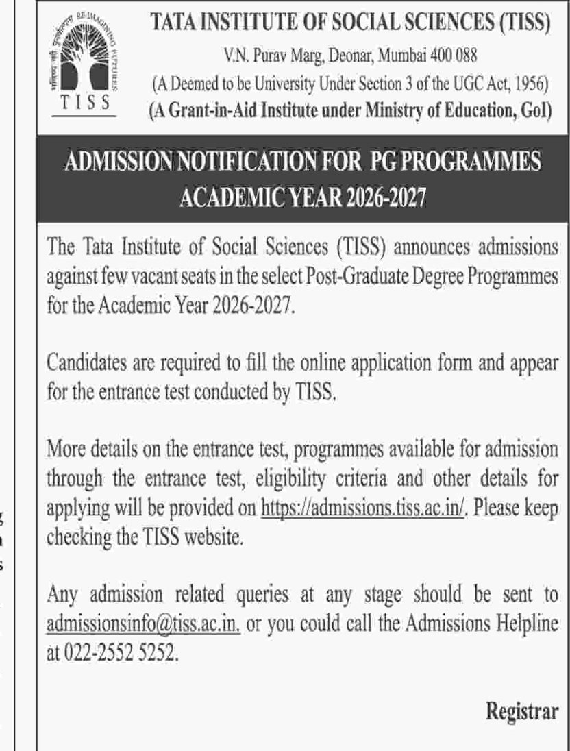 TISS PG Programmes Admission Notification 2026–2027