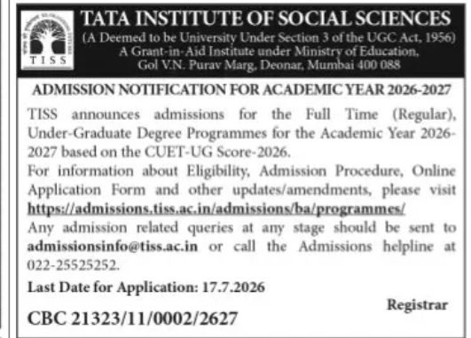 TISS UG Admissions 2026-27 Open